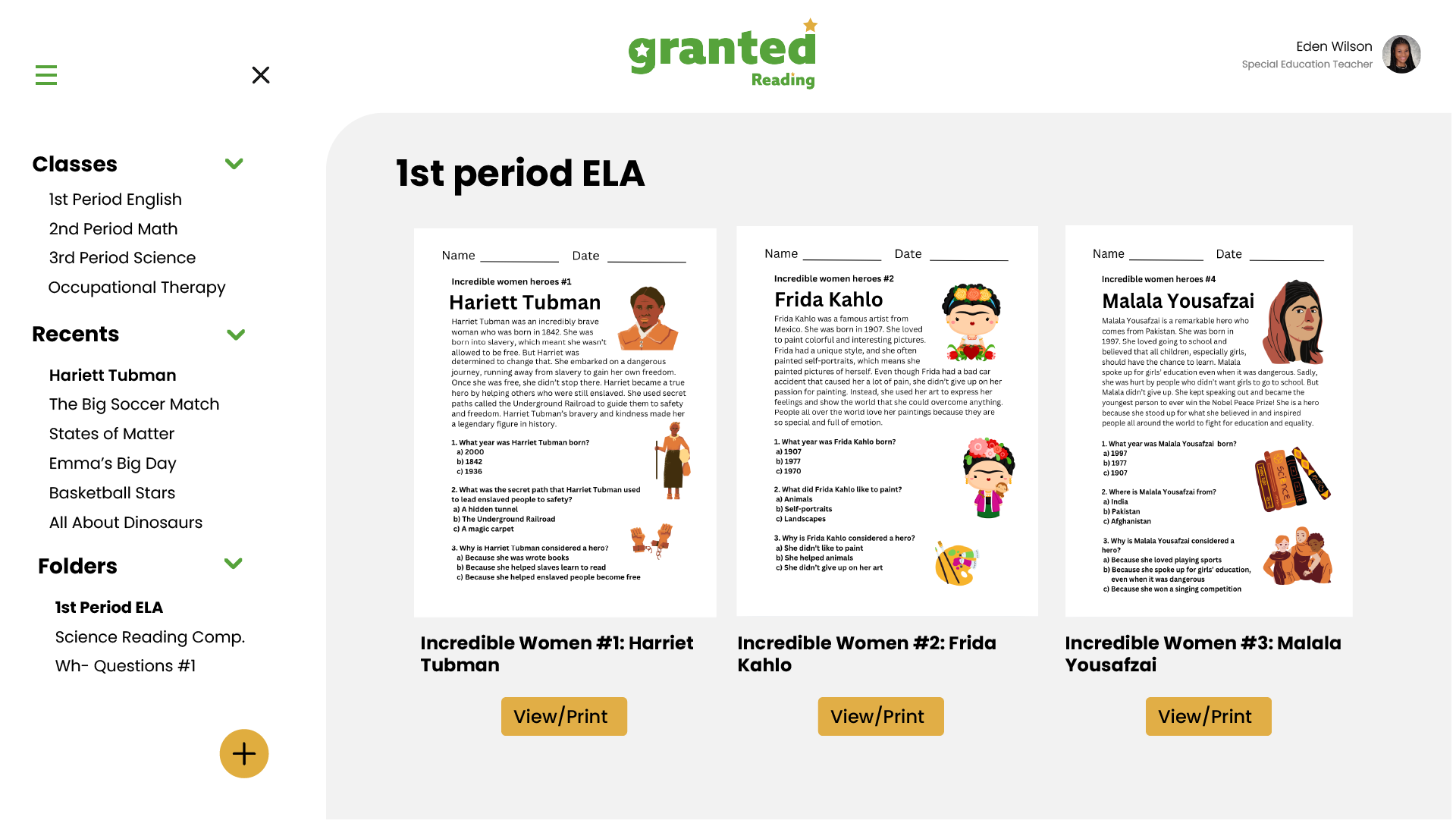 Example page of Granted reading tool folder page with worksheets the user created and can view or download.
